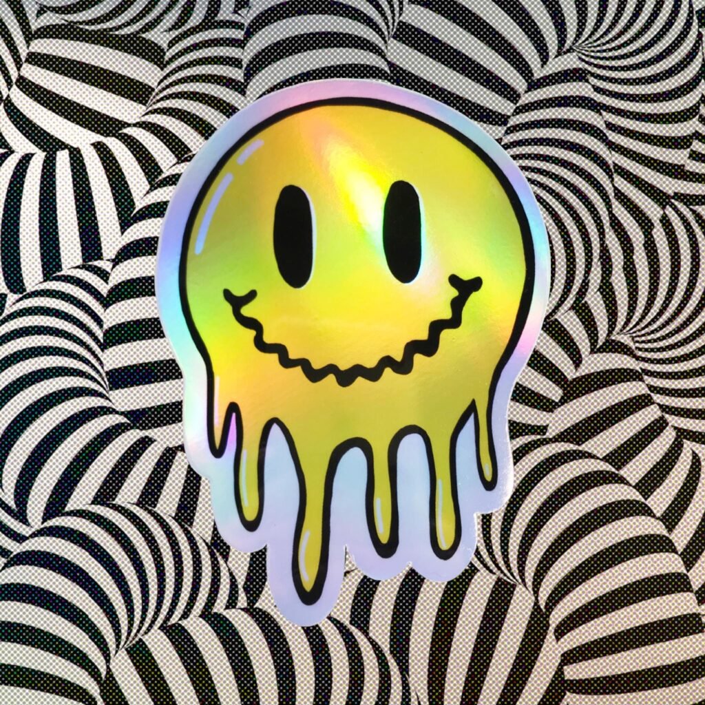 Autocollant holographique smiley dégoulinant