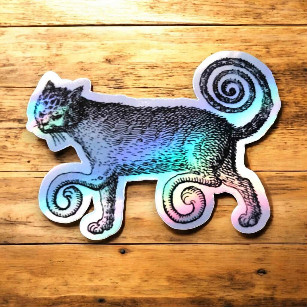 Autocollant holographique chat spirale dessin de la Renaissance