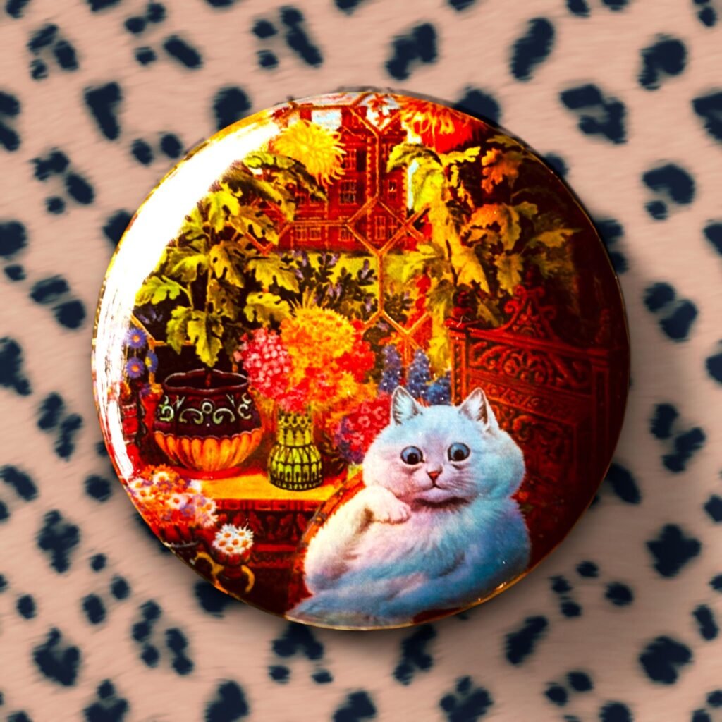 Badge holographique chat dans une jardinière par Louis Wain