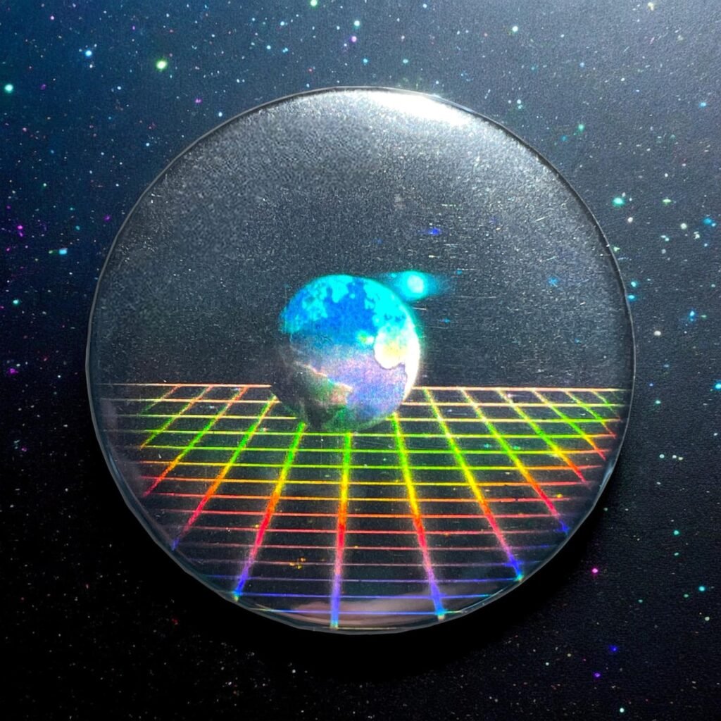 Badge avec véritable hologramme vintage 90s de la planète Terre avec la Lune sur une grille 44mm/1.73in, Effet 3D - Style Rétro & Collection