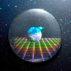 Badge avec véritable hologramme vintage 90s de la planète Terre avec la Lune sur une grille 44mm/1.73in, Effet 3D - Style Rétro & Collection
