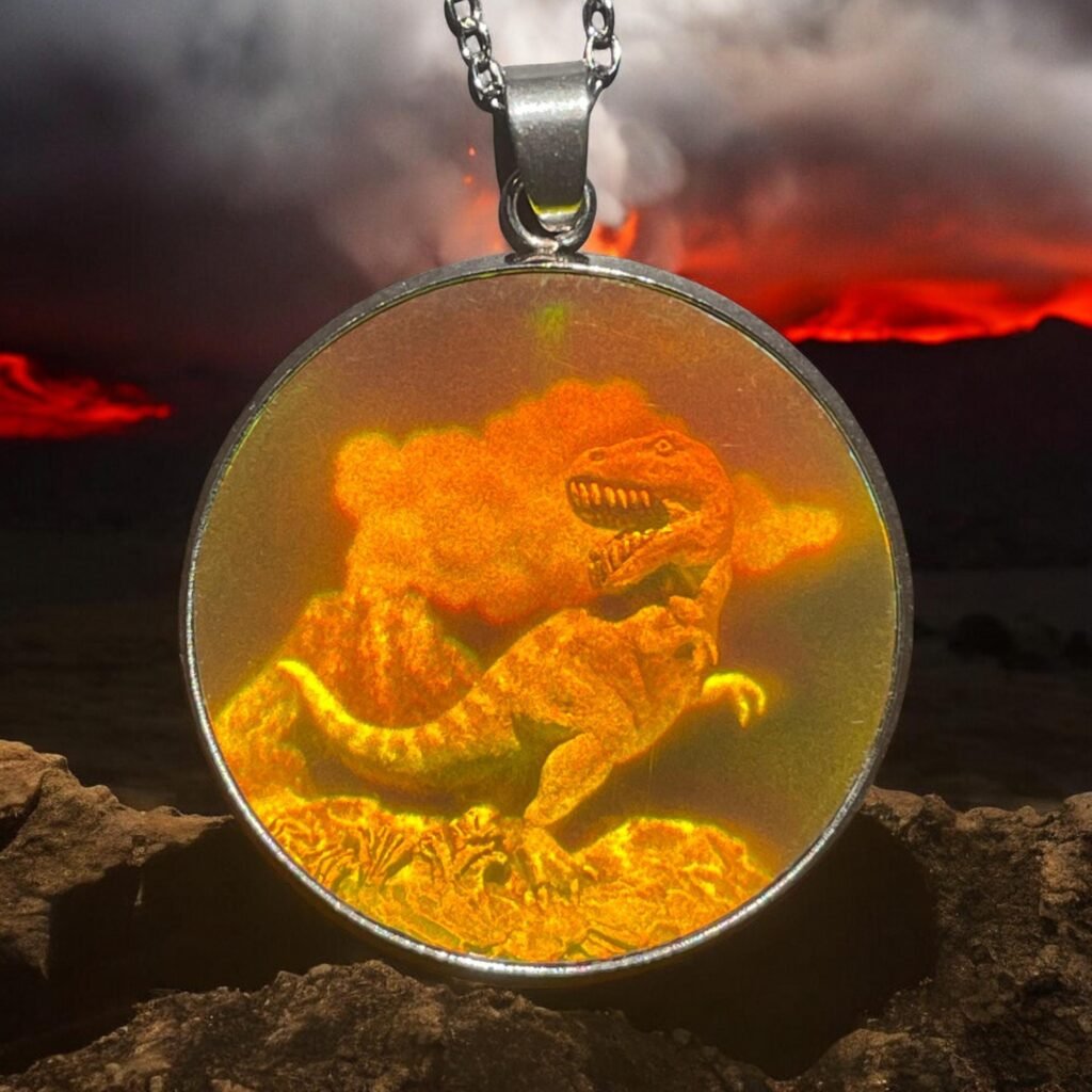 Pendentif hologramme dinosaure T-Rex et volcan en 3D, 30 mm/1,18 pouces, hologramme vintage des années 90