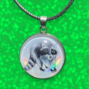 Pendentif raton-laveur 25mm cabochon verre, acier inoxydable, cadeau pour fans de raton-laveurs, animaux mignons, dessin de l'artiste Lashka
