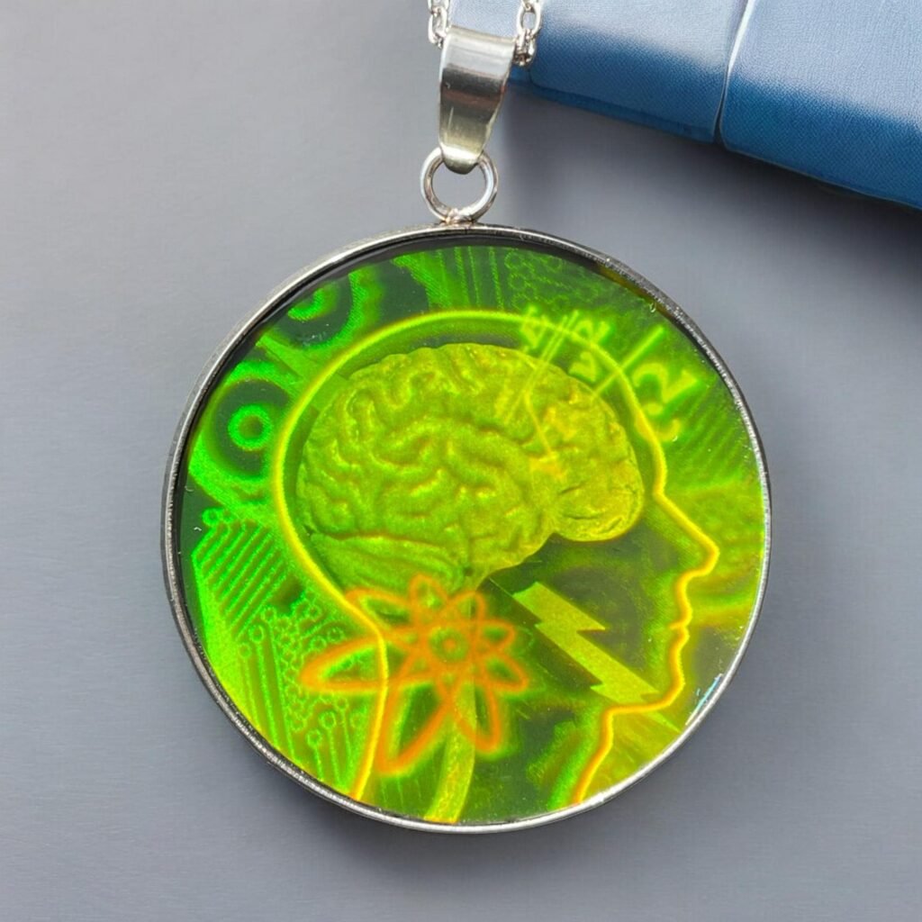 Pendentif hologramme cerveau humain, science et atome, 30 mm/1,18 pouces, véritable hologramme vintage des années 90 upcyclé et rare
