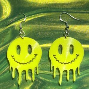 Boucles d’Oreilles Smiley Dégoulinant — Design Original | PETG Jaune Fluo impression 3D | Style Rave, Acid Techno | Attaches Inox Argent 925