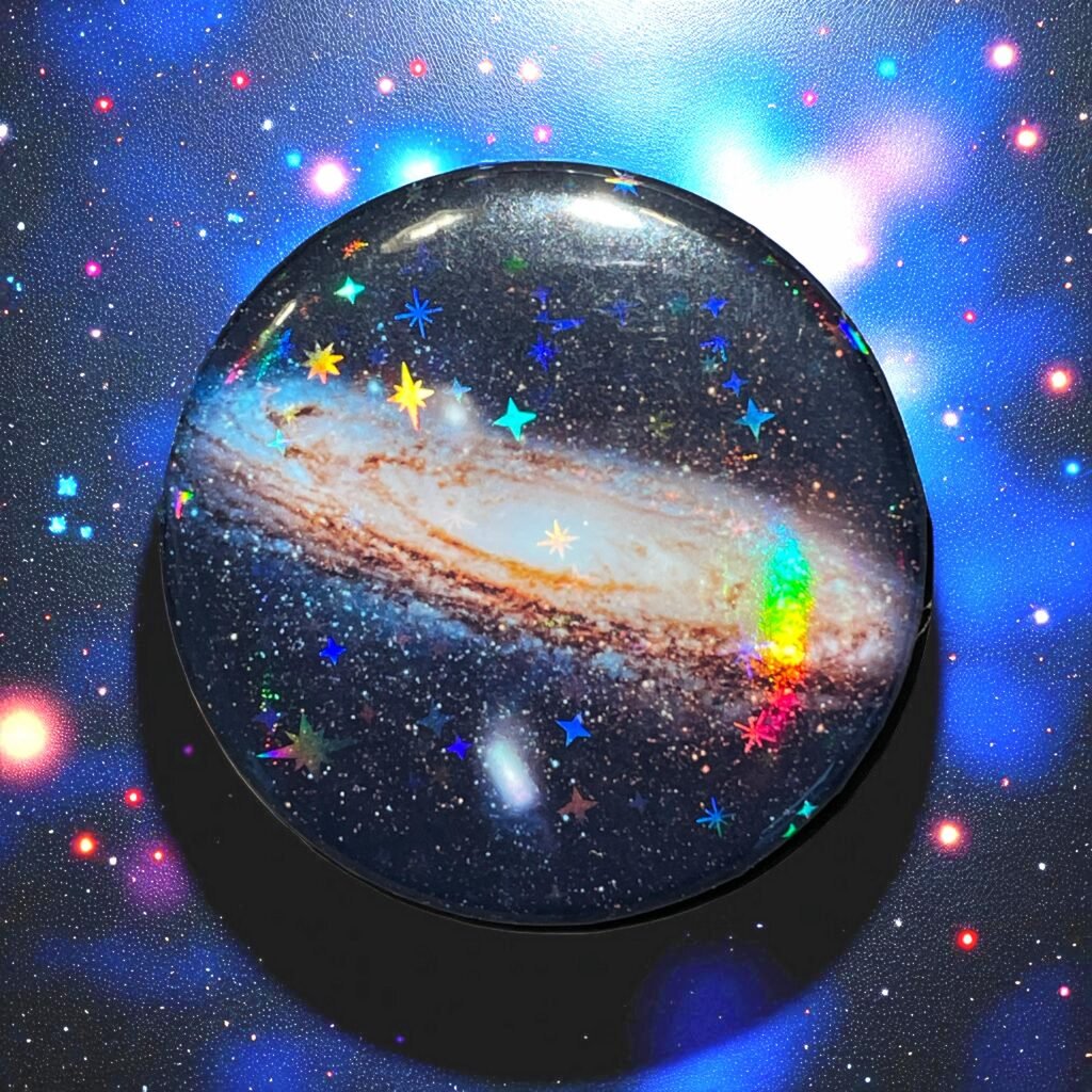 Badge de la galaxie d'Andromède avec effet d'étoiles holographique
