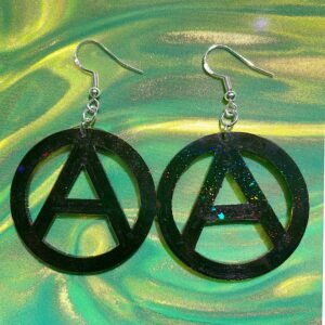 Boucles d’oreilles symbole Anarchiste — 38 mm — PETG Noir 3D 0,2 mm | Effet Holographique Discret | Attaches Acier Inox Argent 925 |