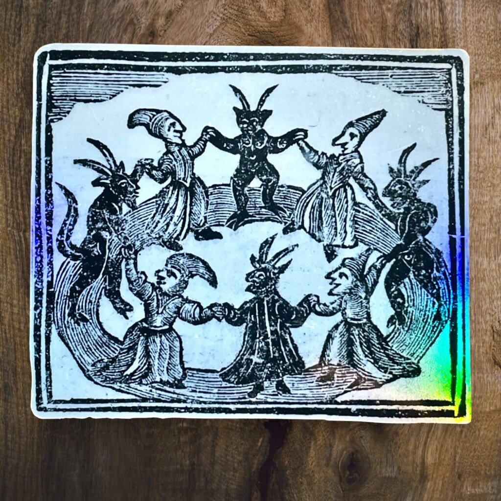 Autocollant holographique “Danse de sorcières et démons” gravure ancienne de 1720