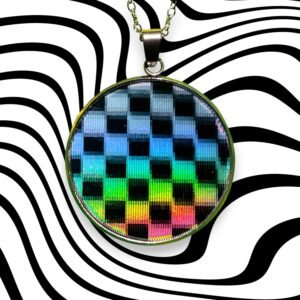 Pendentif lenticulaire damier animé psychédélique  30 mm/1,18 pouces, image lenticulaire artisanale sur base acier