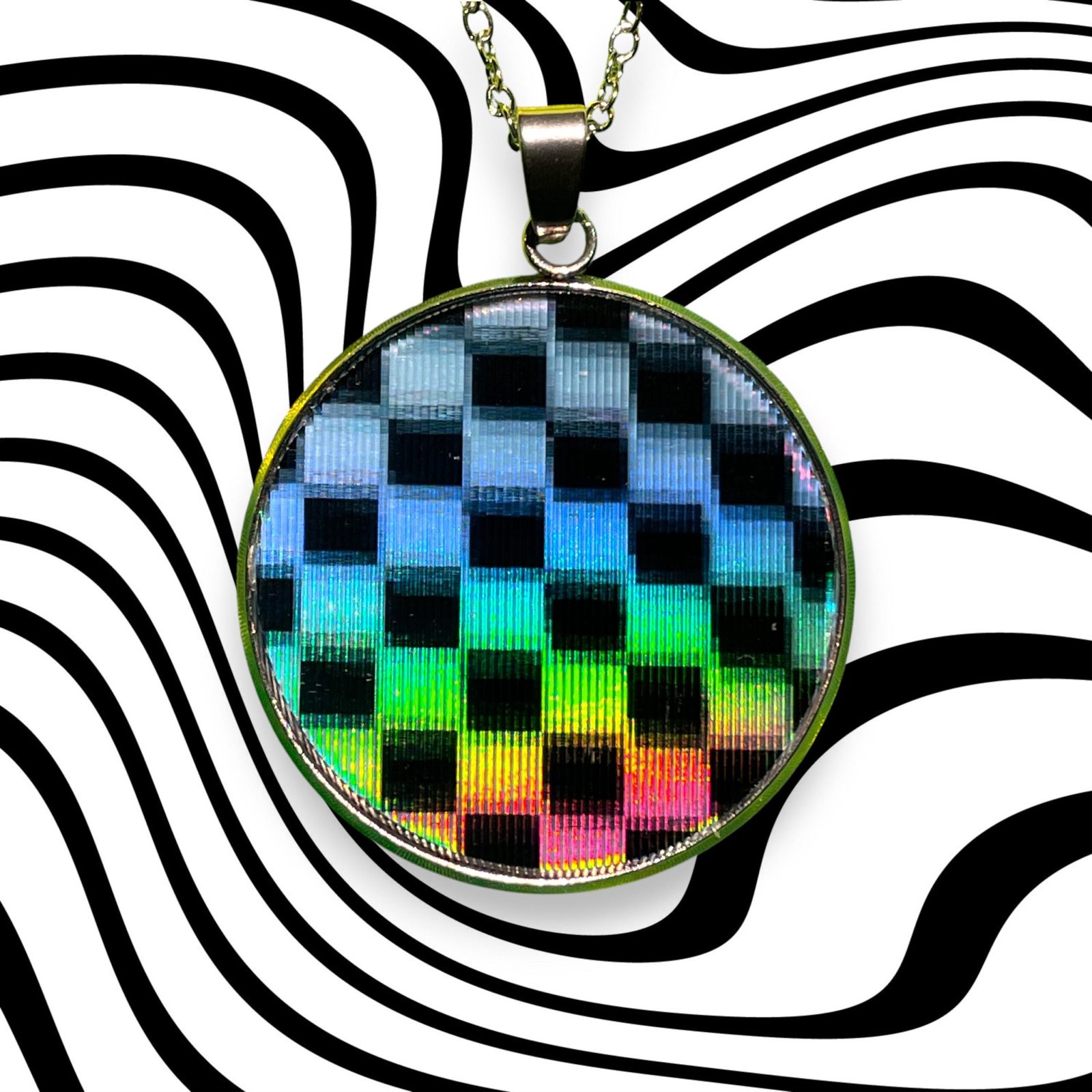 Pendentif lenticulaire damier animé psychédélique 30 mm/1,18 pouces, image lenticulaire artisanale sur base acier