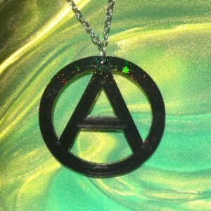 Pendentif Symbole Anarchiste — Impression 3D PETG Noir 38mm/1,5in. | Effet Holographique | Bijou Fait Main | attaches plaquées argent
