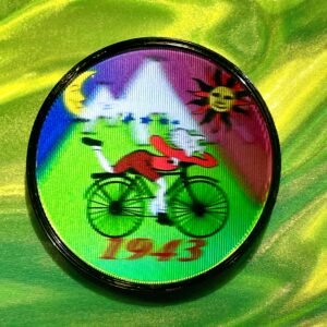 Badge Lenticulaire Albert Hoffmann bicycle day animé 3D - badge artisanal fait main - 48mm / 1.9 inches - PETG Noir & Acier Inoxydable