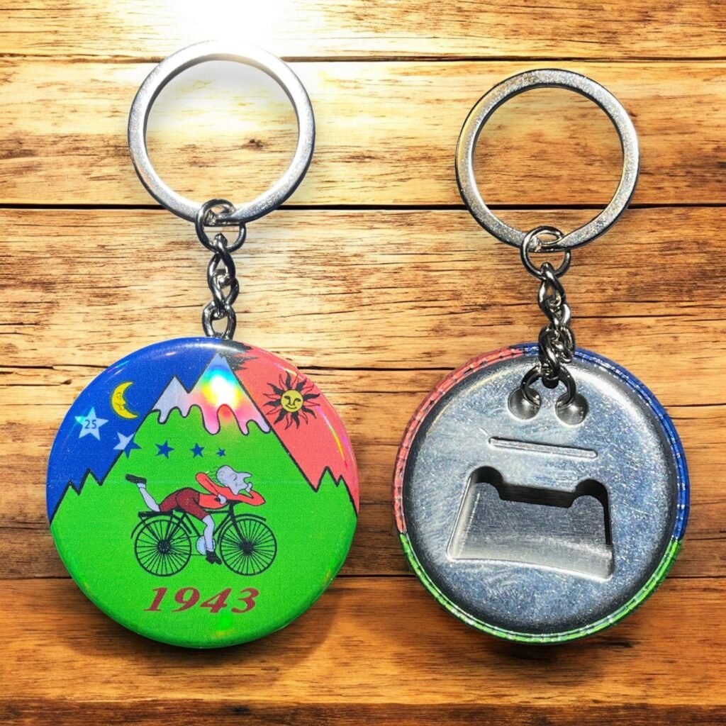 Porte-clés décapsuleur Albert Hofmann bicycle day reflets holographiques