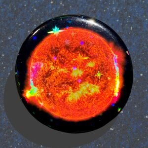 Badge Holographique du Soleil  – 44 mm – Vinyle holographique & Acier – Effet d'étoiles Scintillantes – Spacecore Psychedelic