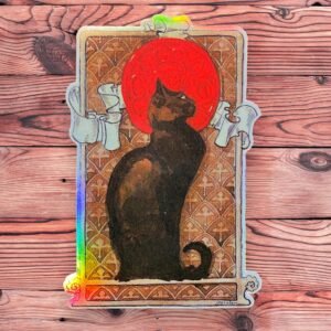 Autocollant Chat Noir Art Nouveau Holographique – Théophile Steinlen, 1896 Sticker, 8 cm, Vinyle Laminé Résistant, Reflets Arc-en-Ciel