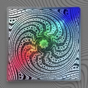 Autocollant Spirale Psychédélique Op Art Noir & Blanc – 8 × 8 cm, Vinyle aux reflets Holographiques, Laminé, Illustration Originale