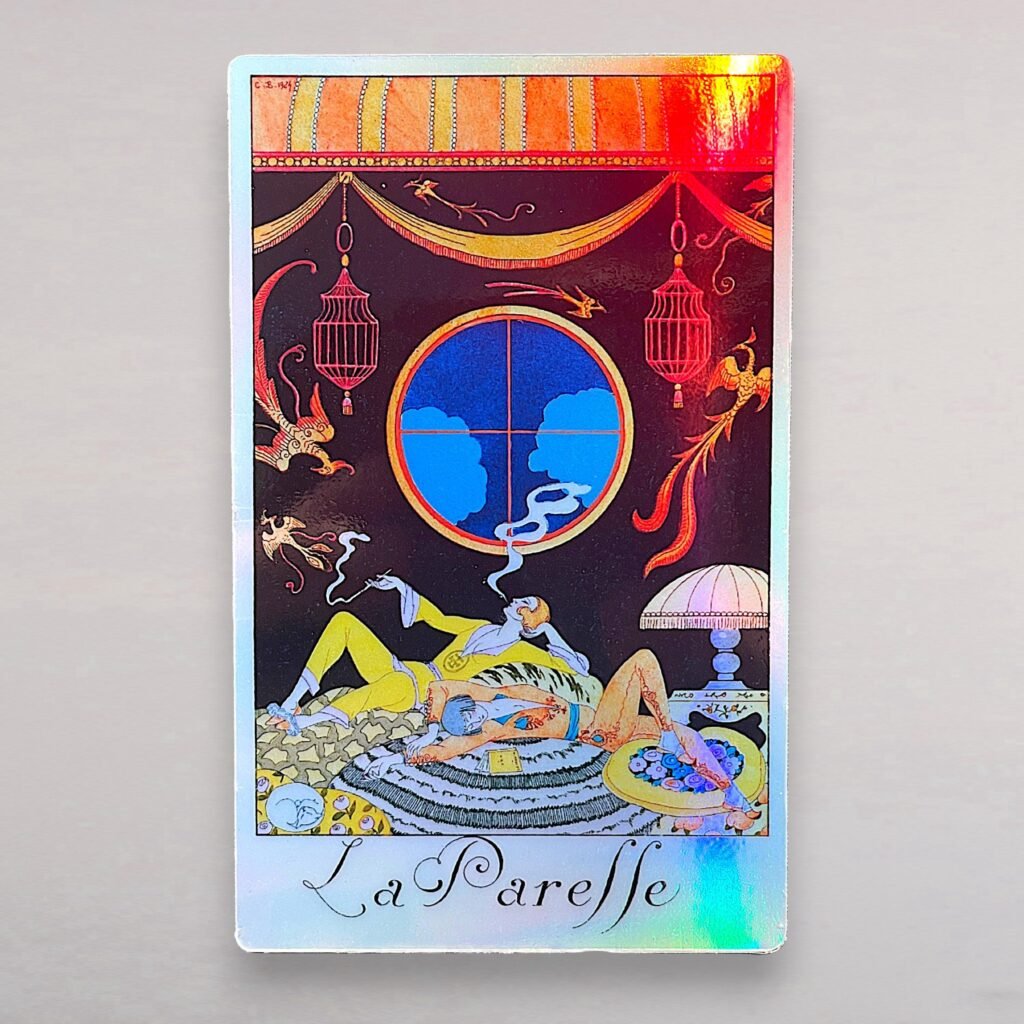 Autocollant La Paresse – Charles Barbier, Illustration Art Nouveau, 9,15 × 5,7 cm, Vinyle Holographique Laminé